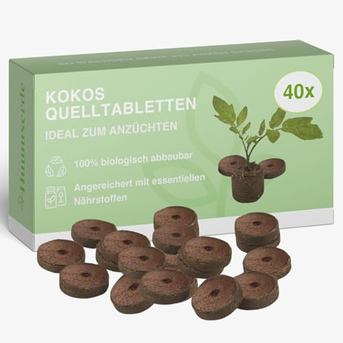 Kokos Quelltabletten mit Nährstoffen I Torffreie Quelltabletten 40 Stück I Gepresste Kokoserde für Pflanzenanzucht I Anzuchttabletten für Aussaat von Gemüse Blumen & Zimmerpflanzen (40 Stück)