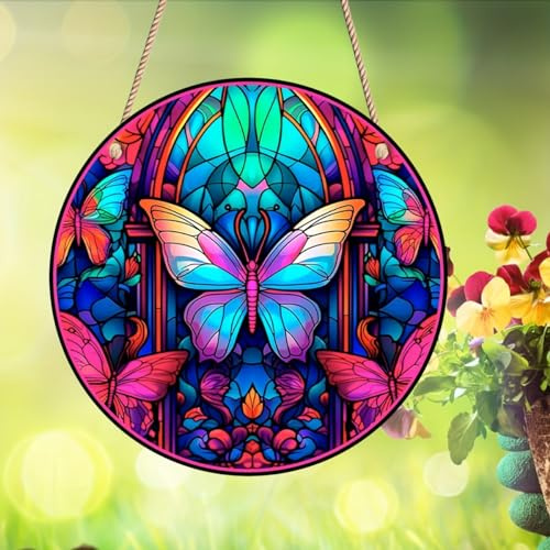 Butterfly Valley Sonnenfänger zum Aufhängen, Motiv: Blume, Schmetterling, Buntglas, Sonnenfänger, Fensterdekoration, Glasscheibe, Sonnenfänger, Wanddekoration, Geburtstagsgeschenk