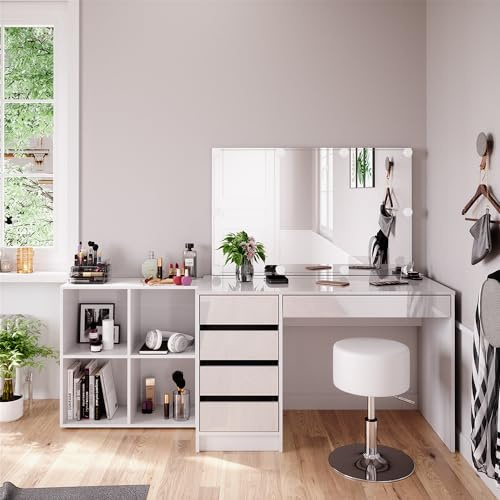 Vicco Schminktisch Sherry, Weiß, 120 cm | 4 Teile, mit Standregal, Spiegel, Hocker, LED, geeignet zur täglichen Nutzung mit stabilem Untergestell