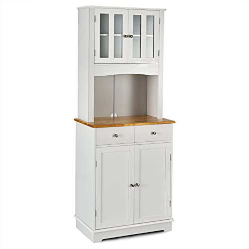COSTWAY Mobile Dispensa da Cucina, Credenza Alta in Legno con 2 Cassetti e Ripiani Regolabili, Armadio Buffet Cucina con Ante in Vetro, 69 x 41 x 170 cm (Bianco)