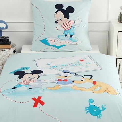 MTOnlinehandel Sängkläder för barn 135 x 200 Musse Pigg, Pluto & Donald Anka för pojkar och flickor, 1 x örngott 80 x 80 + påslakan 135 x 200, 100 % bomull
