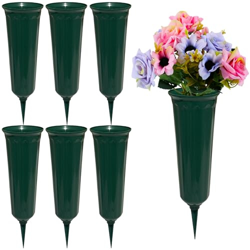 Memorial Floral Vases, Cemetery Vase, Headstones Flower Holder, Grave Cone Vase, Flower Pots for Outdoor Plants, Decorative Plastic Containers (Set of 6, Green)