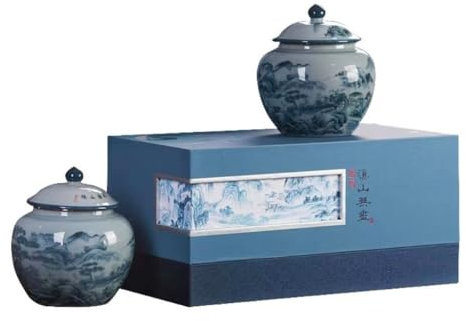 FEELIN Tea Caddy Chinese Retro Landscape Painting Bulk Tea Storage Jar Ceramic Sealed Jar Chinese Tea Set Double Jar Gift Box Set for Kitchen Storage Tea Coffee Sugar
