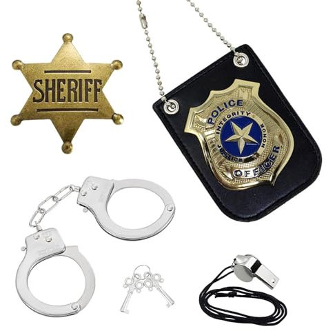 POPAPIE Police Costume Accessoires, 5 Pièces Police Equipement Accessoires Enfant, Menottes Police, Insigne De Police, Accessoires De Police Pour Enfants, Avec Jeu De RôLe, Halloween Carnaval Party