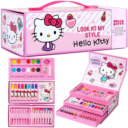Hello Kitty Sanrio Coffret de Dessin Enfant, Kit Coloriage et Peinture, Crayons Feutres et Accessoires, Fournitures Kawaii en Mallette, Idée Cadeau Fille (Rose Hello Kitty à 3 Niveaux)