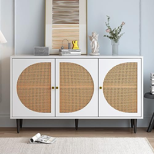 MSMOK Sideboard, 129.8X 40x 76cm, mit 3 Rattan verzierten Türen Kommode Highboard mit Metallgriffe, für Schlafzimmer & Wohnräume & Büro (Weiß)