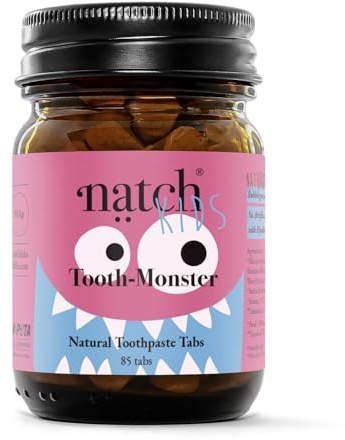 Natch Tooth Monster – Zahnpasta Tabs für Kinder mit Bubblegum Geschmack – fluoridfrei, vegan, plastikfrei – mit Hydroxyapatit & Zink (85 Tabs)
