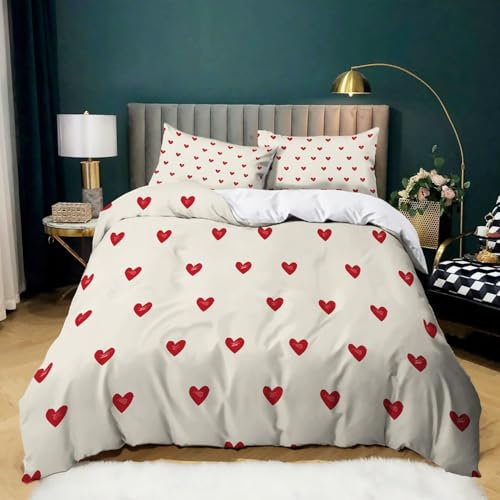 Set Copripiumini E Federe 260 cm x 220 cm Bella Forma A Cuore Rosso Beige, Set Di Biancheria Da Letto Stampato 3 Pezzi Con 2 Federe, Copripiumino In Morbida Microfibra Con Chiusura A Cerniera