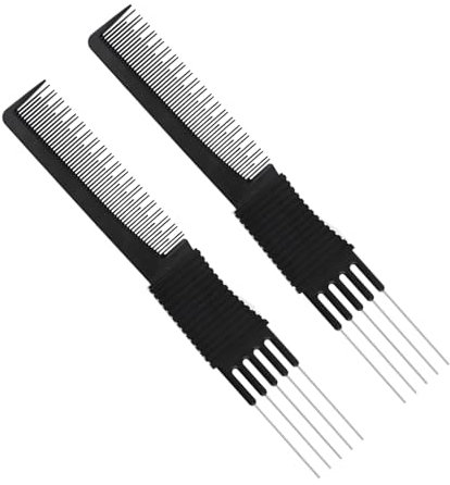 2pcs Black Carbon Lift Teasing Combs, Teasing Combs with Metal Prong Double-Head Hair Pick Comb Fork Comb Tool for Women Hair Styling Salon for Thick Thin Fine Hair Fluffing and Styling Hair