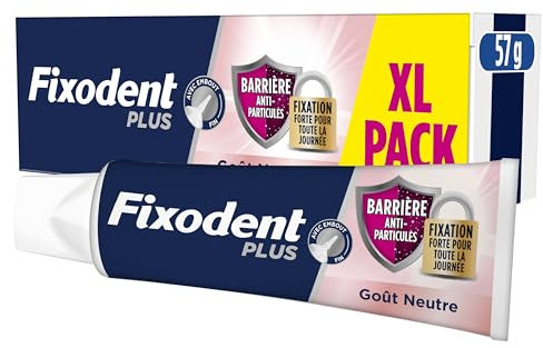 Fixodent Crème Adhésive Plus Barrière Anti-Particules, Pour Prothèses Totales et Partielles, Goût Neutre, Tenue Et Confort Tout Au Long De La Journée, 57ml