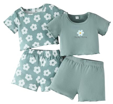 LUVCES Set di Vestiti per Bambine Manica Corta con Volant a Coste Scollo Rotondo Magliette Top e pantaloncini 4 Pcs Home Completi Primavera ed Estate 4Pcs manica corta verde 6-9 Mesi