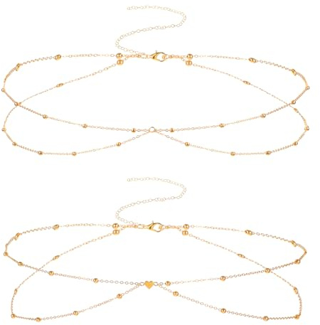2 Pcs Gold Waist Chain Layered Adjustable Rope Waist Chains Satellite Beach Body Chain Waterproof Bikini Belly Chains Boho Heart Pendant Belly Belt Dainty Summer Jewelry Accessories for Women