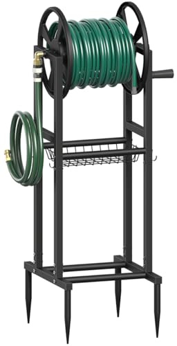 Mokeyder Freestanding Garden Hose Reel holds 125ft Hose of 5/8 with 4 Hooks, 4-Spike Outdoor Hose Holder with 3.9ft Leader Hose & Brass Fitting, Detachable Metal Hose Stand with Storage Rack, Black