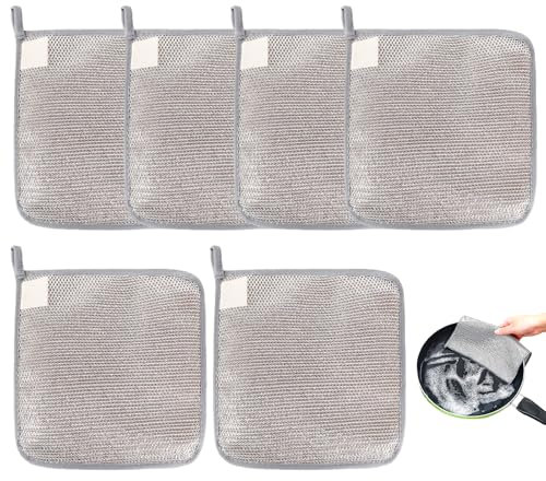 VEGCOO 6 Pcs Three-layer Hangable Wire Dishwashing Rags, 20x20cm Reusable Wire Dishwashing Rags, Non Scratch Wire Cleaning Cloths for Kitchen, Dish, Sink, Stove Top (6)