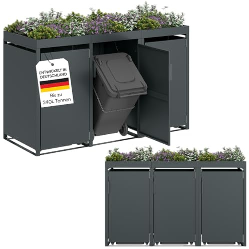 STEELSØN Thoria Mülltonnenbox 3er bis 240 L, mit Pflanzendach, Anthrazit | Müllcontainer aus Stahl für 3 Tonnen, hochwertige Mülltonnenverkleidung wetterfest & UV-beständig, Müllbox/ Gerätebox