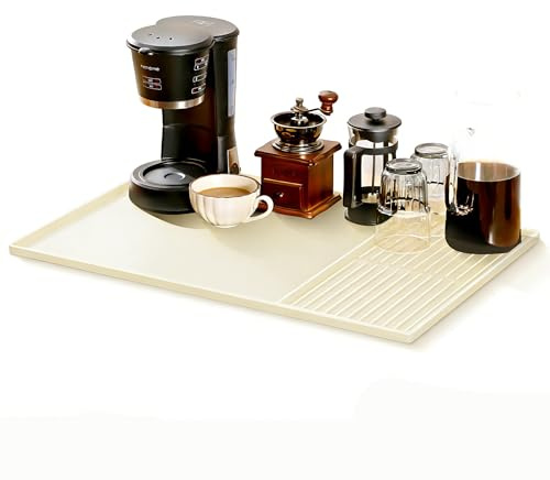 Large Silicone Mat Under Coffee Machines 40.5x61cm with Raised Edges Stackable 19x40cm, Multi-Functional Base Mat, Nonstick Heat Resistant Coffee Bar Mat for Countertop, Dish Drying Mat(Beige)