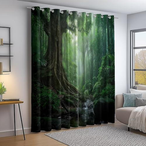 Thermovorhänge für Wohnzimmer, Fantasie Dschungel Wald Blickdichte Vorhänge mit Ösen, Dunkelgrün Verdunkelungsvorhänge Wärmeisolierend für Küche Schlafzimmer, H 215 x B 110 cm (2er Pack)