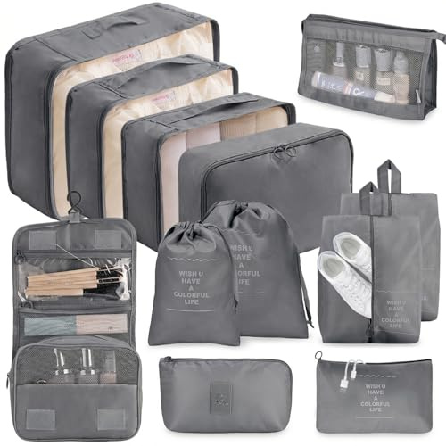 12-delad resväskearrangör, packkuber, resväskorganiseringsset, bagageorganisatör vattentät, packkuber, med packväskor, klädväskor, kosmetikväska, skoväska, arrangör resväska (grå)