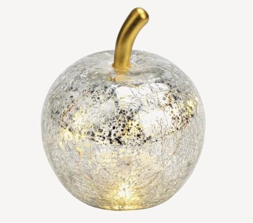 Seyila Home Dekorative Glas Apfel Leuchte mit LED Beleuchtung und Timer (unten), Crackle-Effekt Glas, Goldener Stiel, Weihnachtsdeko, Lampe (Silber, 22 cm)