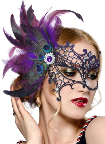 XIABYAYU Spitzenmaske, Maske Spitze, Venezianische Maske Damen, Maskenball Masken Mit Federn, Augenmaske Fasching Geeignet Für Karneval, Maskenball, Abendkleid, Ballparty