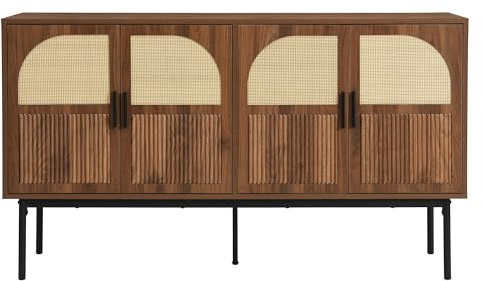 Azkoeesy Aparador de 140 cm para salón/Comedor/Cocina - Color Nogal + Patas/Tiradores de Metal Negro - Moderno y Sencillo Buffet/Mueble de TV con Amplio Espacio de almacenaje