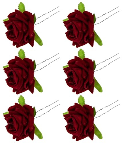 VALICLUD Lot de 6 Épingles à Cheveux de Rose Rouge Fourche à Cheveux en U en Tissu Soie Accessoires Vintage pour Coiffure de Mariage Fête et Usage Quotidien Compatibles à Longs