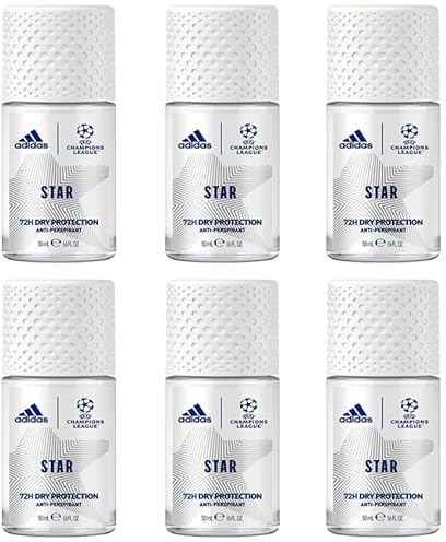 6x adidas STAR UEFA Champions League Deo Roll-On Anti-Transpirant 72H Extra Frische, mit aromatisch-zitrischen Duftnoten Schutz gegen starkes Schwitzen & Körpergeruch 50ml (6er Pack)