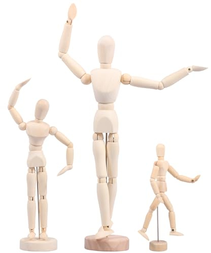 Goshoppers 3 Stück Gliederpuppe Holz Flexibler Mannequin Holzfigur Wackelnde Holzpuppen mit Ständer 32/22/16.3cm Holzmännchen Ornament Holzfiguren zum Bemalen für Zeichnen,Künstler