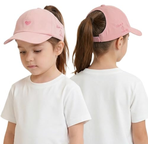 OhMill Casquette de Baseball Respirante pour Enfants Été Casquette à Couronne Ouverte pour Filles avec Boucle pour Queue de Cheval Chapeau de Soleil Tendance Enfants avec Motif Cœur Réglable 48-54 CM