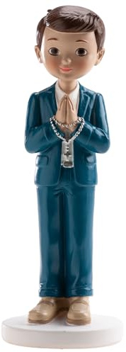 dekora – Cake topper comunione bambino con rosario blu 16 cm, Figura decorativa per torte di Prima Comunione