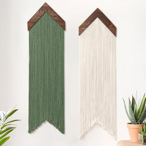 UXORSN 2 tapices de macramé para colgar en la pared, diseño de flecha, bohemio, elegante, para decoración de pared, beige, verde, hecho a mano, cuerda de algodón, estético, bohemio, arte de pared para