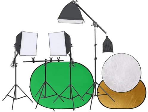Kaloriko Fotostudioset med LED kontinuerligt ljus softbox, bakgrundssystem och 5-i-1 reflektor, dimbar, inkl. stativ, för porträtt, produktfotografering, streaming, videoljus, dagsljus, skuggfri