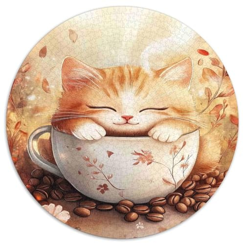 Chat Tasse Café Puzzle 1000 Pièces Rond Papier Puzzle pour Adultes Style Mignon
