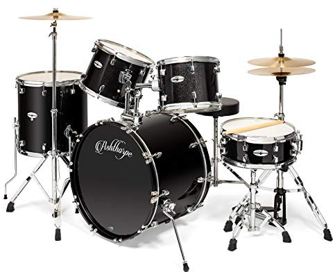 Ashthorpe 5-Piece Full Size Adult Drum Set with Remo Heads & Premium Brass Cymbals - Complete Professional Percussion Kit with Chrome Hardware - Black