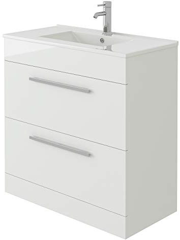 VeeBath Venus 800 Vanity Unit, Wash Basin Bathroom Sink, Soft Close Drawer and Flap, Cloakroom Wall Mounted Storage Cabinet- White,Slim Edge (Flat Pack)