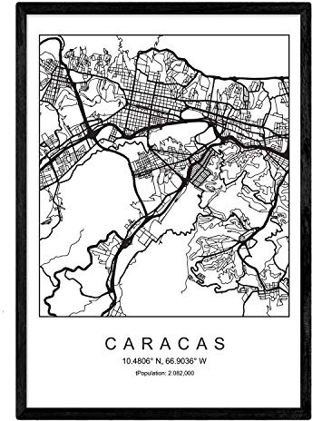 Nacnic Lámina mapa de la ciudad Caracas estilo nordico en blanco y negro. Poster tamaño A3 Enmarcado con marco negro Impreso papel 250 gr. Cuadros, láminas y posters para salon y dormitorio