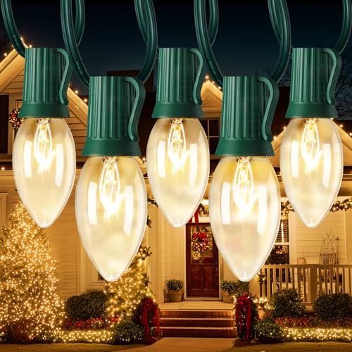 Vintage C9 Christmas Lights Outdoor, 50 FT C9 String Lights with 50 Clear Bulbs, Waterproof Christmas Tree Light for Outdoor Indoor Xmas Roofline Backyard Garden Patio Home Holiday Decor, Green Wire
