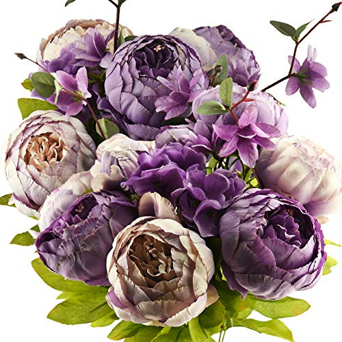 FiveSeasonStuff Künstlicher Pfingstrosenstrauß mit staubigen violetten und grünen Akzenten, Zwei aufeinander abgestimmte Kunstseide-Blumenbündel mit Hortensien