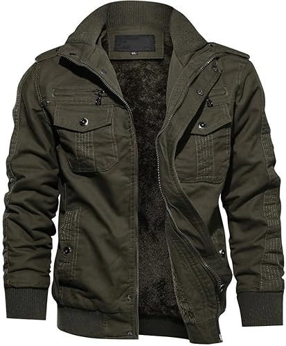 TACVASEN Uomo Giacca Militare Invernale Jacket Casual Interno in Pile Caldo collo in Piedi, Verde