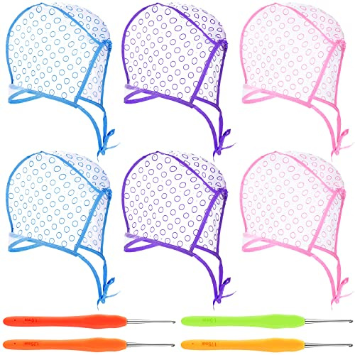 Waydress 6 Pieces Highlight Hair Cap Salon Hair Coloring Highlighting Dye Tipping Cap Frosting Caps with 4 Pieces Highlighting Needles Crochet Hooks for Dyeing Hairdressing Tool(Purple/Blue/Pink)