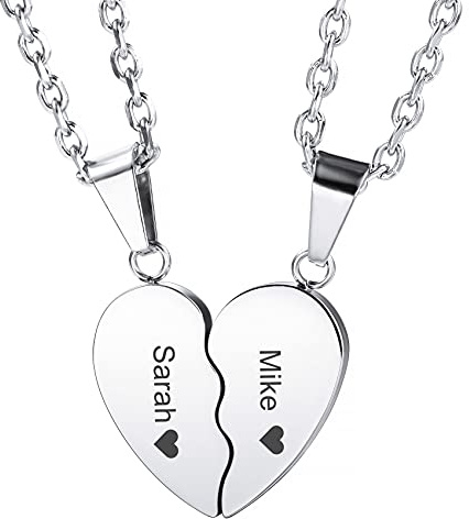 MunkiMix Personalisierter Name Text Datum 2 Halbe Herz Halsketten Geschenke für Frauen Freundin Beste Freundin Mama Mädchen Teens Liebhaber Paare Freund Valentinstag mit Geburtsstein