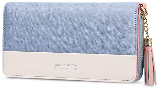 Jocose Moose Damen Geldbörse, große Kapazität Kunstleder Brieftasche, Reißverschluss RFID Geldbörse mit Quaste Anhänger, 12 Kartenfächer und Münzfach