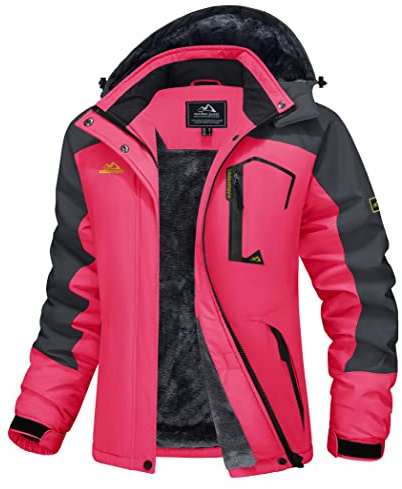 MAGCOMSEN Winterjacke Damen Skijacke mit Fleece Snowboardjacke Ski Jacken | Wasserabweisend & Windschutz,Warm Polyester-Fleece-Futter,Mehrere Reißverschlusstaschen,Abnehmbare Kapuze,Wärme Sport Jacke