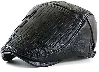 Ueither Herren Verstellbare Schiebermütze PU Leder Flatcap Newsboy Cap Schirmmütze (Schwarz)