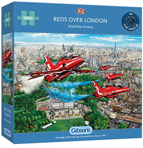 Gibsons Reds Over London 1000 Piece Jigsaw Puzzle for Adults – Red Arrows Air Display by Matthew Emeny – Iconic British Aviation Artwork – Premium Sustainable Puzzle Made in the UK/EU