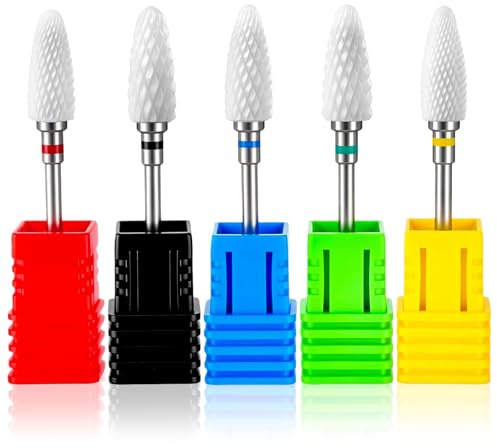 Fantexy Lot de 5 forets à ongles en céramique, tige de 9,5 mm, forets professionnels en céramique en forme de maïs, embouts de lime à ongles en acrylique pour manucure, pédicure, vernis à ongles