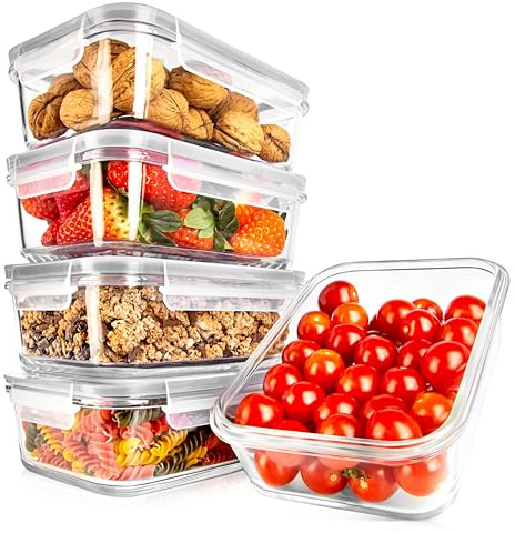 NutriChef tuppers de cristal herméticos con orificio de aire, 5 recipientes apilables y 5 tapas, Aptos para microondas, Horno y congelador, Sin BPA
