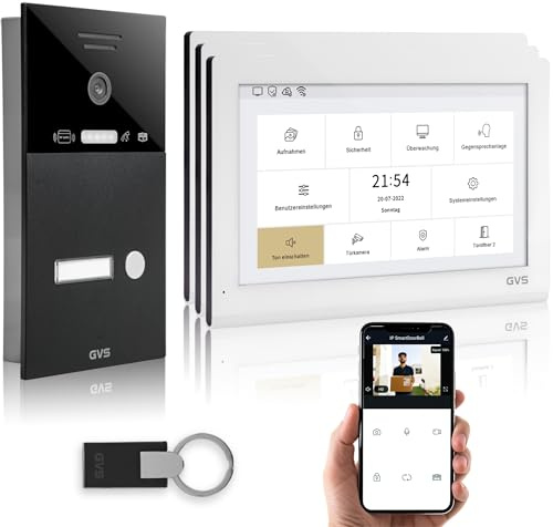 GVS IP Video Türsprechanlage mit Türöffner, RFID, 3X 10 Zoll Monitor & App | Smarte Video Türklingel mit Kamera und Monitor & App - Gegensprechanlage für 1 Familienhaus (AVS5438U)