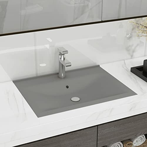 Tidyard Luxus Waschbecken Waschtisch Aufsatzwaschbecken Waschplatz Handwaschbecken Aufsatzwaschtisch mit Hahnloch Matt-Hellgrau 60x46 cm Keramik