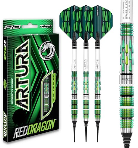 RED DRAGON Artura Screamin' Grün 18 Gramm Softip Premium Tungsten Darts Set mit Flights und Stielen